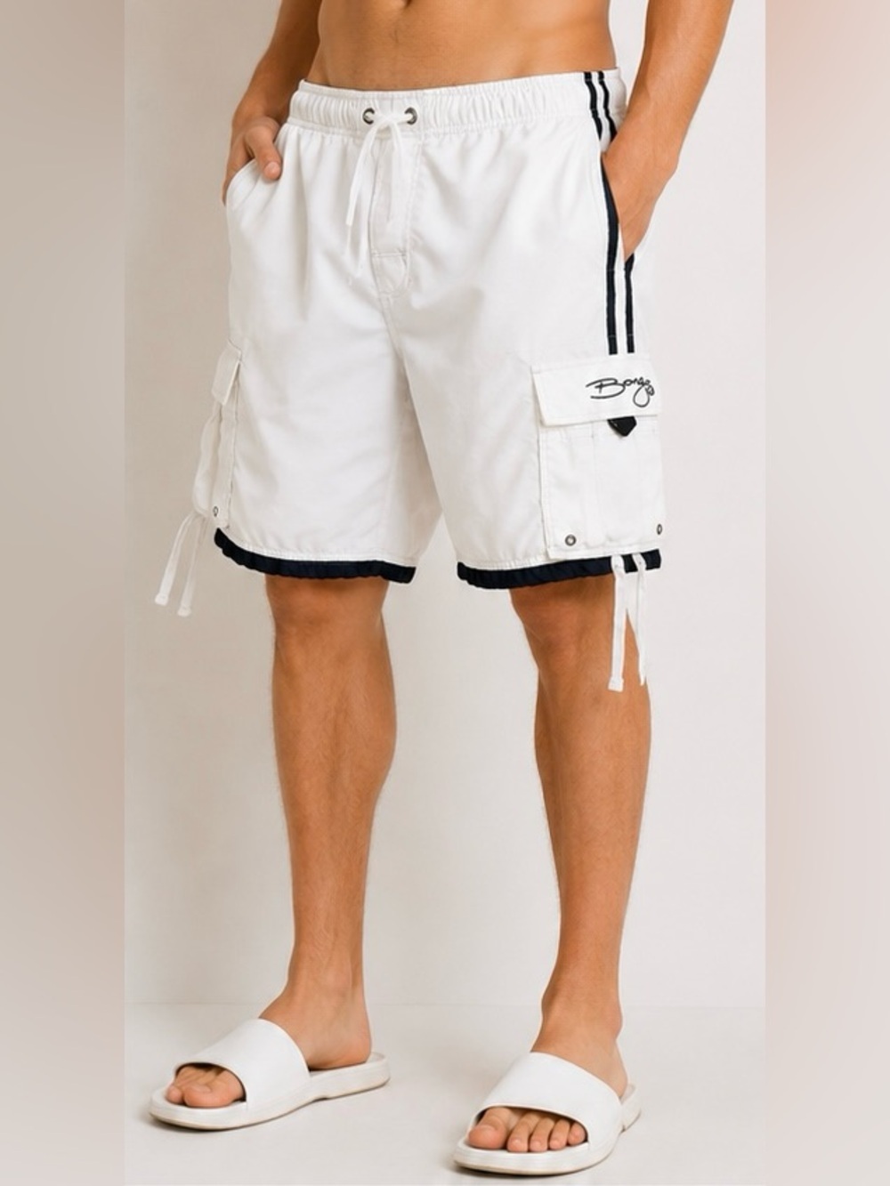 Vintage Bongo Cargo Swim Trunks Men’s Large White Navy Y2K Board Shorts